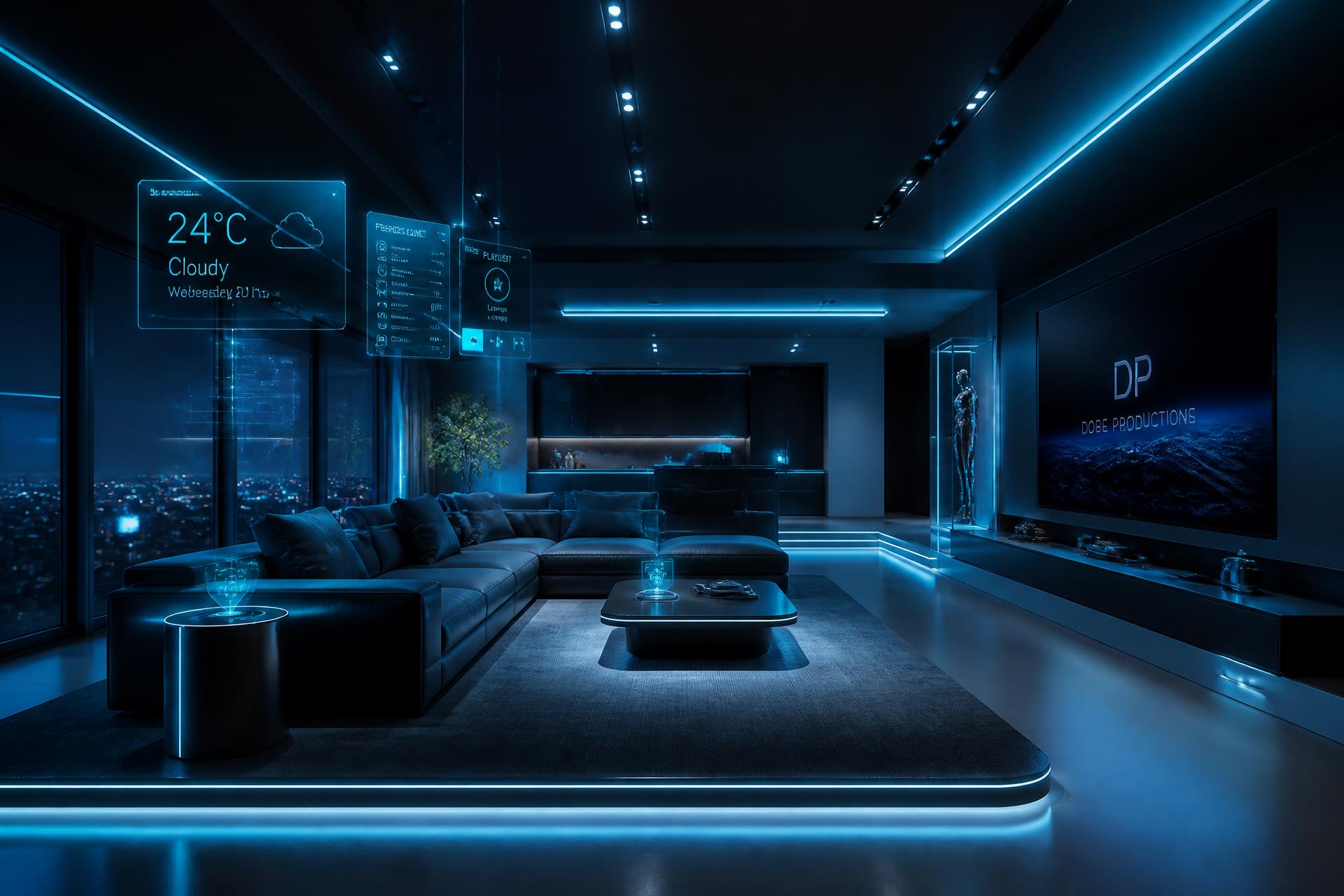 Futuristic clean home interior with ambient blue lighting