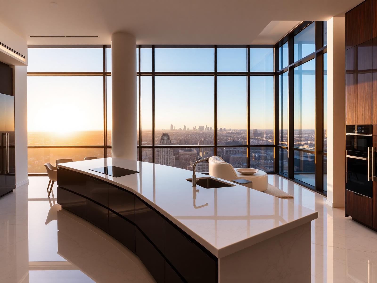 Luxury modern kitchen with floor to ceiling windows